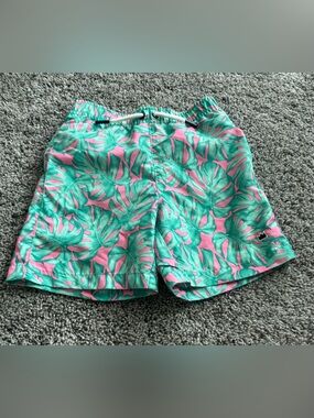 crown & ivy Green and Pink Tropical Leaf Kids Swim Trunks